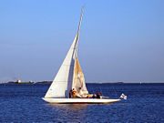 Sailing in front of Helsinki, Finland. 8mR Sagitta (Camper & Nicholson 1929), a true sailboat with no motor, lowers its mainsail after a training session before returning to its mooring with the foresail only.