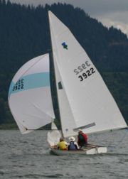 A Thistle running downwind with a spinnaker.