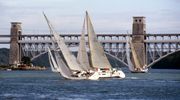 Boats heeling in front of Britannia Bridge in a round-Anglesey race 1998