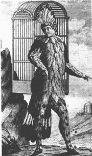 Emanuel Schikaneder, librettist of Die Zauberfl�te, shown performing in the role of Papageno. The object on his back is a birdcage; see below.