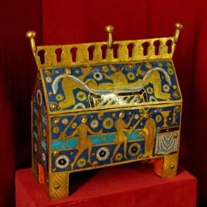 Depiction of Thomas Becket's assassination and funeral, from a French casket made about 1180 for Prior Benedict — a witness to the murder — to take some of the saint's relics to Peterborough Abbey when he became Abbot there