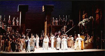 The "triumphal scene" from Opera Pacific's production of Aida in 2006, starring Angela Brown as Aida, Donnie Ray Albert as Amonasro, Andrew Gangestad as Ramfis, Carl Tanner as Radames, Milena Kitic as Amneris, and Stefan Szkafarowsky as King of Egypt.