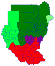 �����North Sudan �����Darfur �����Eastern Front, area of operations July 2006 �����South Sudan ����� Boundary of Abyei at 10�22'30"N as decided by the Abyei Boundary Commission �����Nuba Mountains and Blue Nile Abyei, is to hold a referendum in 2011 on whether to join South Sudan or not.