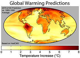 The geographic distribution of surface warming during the 21st century calculated by the HadCM3 climate model if a business as usual scenario is assumed for economic growth and greenhouse gas emissions. In this figure, the globally averaged warming corresponds to 3.0��C (5.4��F).