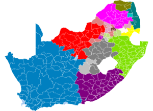 Map showing principal South African languages by municipality. Lighter shades indicate a non-majority plurality.     �����Afrikaans  �����Northern Sotho  �����Southern Sotho  �����Swati  �����Tsonga   �����Tswana  �����Venda  �����Xhosa  �����Zulu       