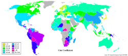 World map showing the Gini coefficient, a measure of income inequality.