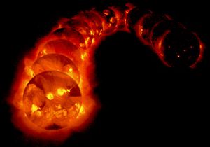 Figure 5: The solar disk seen by the Yohkoh soft-X-Ray imager, over the time period 1991-1995 (left to right), spanning the descending phase of cycle 22.