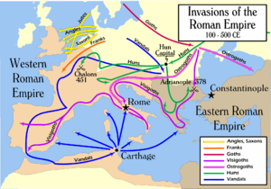 Barbarian invasions of the Roman Empire, showing the Battle of Adrianople.