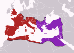 The division of the empire after the death of Theodosius I, c. 395, superimposed on modern borders. �����Western Roman Empire �����Eastern Roman Empire