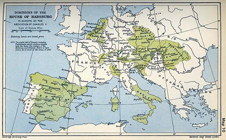 A map of the dominion of the Habsburgs following the abdication of Charles V (1556) as depicted in The Cambridge Modern History Atlas (1912); Habsburg lands are shaded green. From 1556 the lands in a line from the Netherlands, through to the east of France, to the south of Italy and the islands were retained by the Spanish Habsburgs.