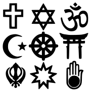 Symbols of some of the more common religions.Top to bottom, left to right: Row 1. Christian, Jewish, Hindu    Row 2. Muslim, Buddhist, Shintoist  Row 3. Sikh, Baha'i, Jain.