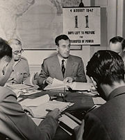 Last Viceroy of India Louis Mountbatten in New Delhi with a countdown calendar to the Transfer of Power in the background.