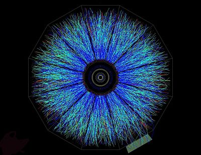 If ultra-high-energy collisions of particles in a particle accelerator can create microscopic black holes, it is expected that all types of particles will be emitted by black hole evaporation, providing key evidence for any grand unified theory. Above are the high energy particles produced in a gold ion collision on the RHIC.