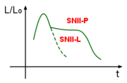 This graph of the luminosity (relative to the Sun) as a function of time shows the characteristic shapes of the light curves for a Type�II-L and II-P supernova.