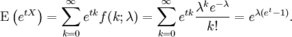 \mathrm{E}\left(e^{tX}\right)=\sum_{k=0}^\infty e^{tk} f(k;\lambda)=\sum_{k=0}^\infty e^{tk} {\lambda^k e^{-\lambda} \over k!} =e^{\lambda(e^t-1)}.