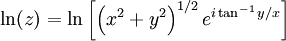 \ln(z) = \ln \left[ \left( x^2 + y^2 \right) ^{1/2} e^{i \tan^{-1}y/x}\right] 