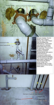 Plastic piping and firestops being installed at Nortown Casitas, North York (Now Toronto), Ontario, Canada. Certain plastic pipes can be used in some noncombustible buildings, provided they are firestopped properly and that the flame spread ratings comply with the local building code.