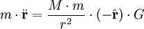  m\cdot\ddot\mathbf{r} = \frac{M\cdot m}{r^2}\cdot(-\hat{\mathbf{r}})\cdot G