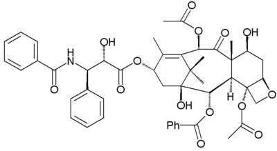 A molecular structure depicts the bonds and relative positions of atoms in a molecule such as that in Paclitaxel shown here