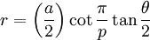 r = \left({a\over 2}\right)\cot\frac{\pi}{p}\tan\frac{\theta}{2}