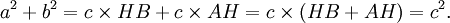 a^2+b^2=c\times HB+c\times AH=c\times(HB+AH)=c^2.\,\!