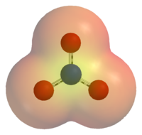 An electrostatic potential map of the nitrate ion (NO3−).  Areas coloured red are lower in energy than areas colored yellow