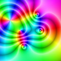 Domain Coloring plot of the function f(x)=(x�-1)(x-2-i)�/(x�+2+2i). The hue represents the function argument, while the saturation represents the magnitude.