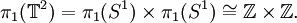 \pi_1(\mathbb{T}^2) = \pi_1(S^1) \times \pi_1(S^1) \cong \mathbb{Z} \times \mathbb{Z}.