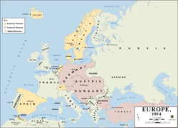 European military alliances in 1914; Central Powers purplish-red, Entente Powers pale green, and neutral countries yellow