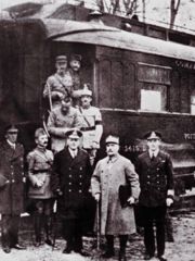 This photograph was taken after reaching an agreement for the armistice that ended World War I. The location is in the forest of Compi�gne. Foch is second from the right. The train carriage seen in the background, where the armistice was signed, would prove to be the setting of France's own armistice in June 1940. When the WWII armistice was signed, Hitler had the rail car taken back to Berlin where it was destroyed when allied aircraft bombed the city.