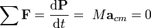 \ \sum{\mathbf{F}} = {\mathrm{d}\mathbf{P} \over \mathrm{d}t}=\ M\mathbf{a}_{cm}= 0