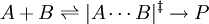 A + B \rightleftharpoons |A \cdots B|^{\ddagger} \rightarrow P 