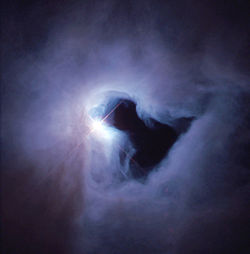 The reflection nebula NGC 1999 is brilliantly illuminated by V380 Orionis (center), a variable star with about 3.5�times the mass of the Sun. NASA image