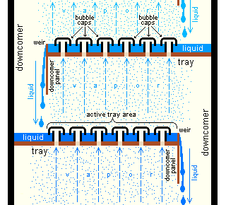 Section of an industrial distillation tower showing detail of trays with bubble caps