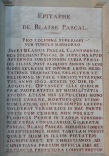 Pascal's epitaph in Saint-�tienne-du-Mont, where he was buried