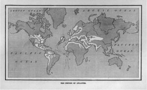 A map showing the supposed extent of the Atlantean Empire. From Ignatius L. Donnelly's Atlantis: the Antediluvian World, 1882.