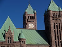 Copper roof on the Minneapolis City Hall, coated with Patina