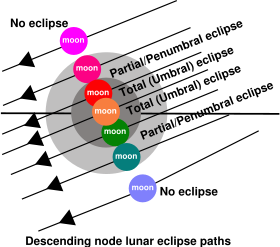 As viewed from Earth, the Earth's shadow can be imagined as two concentric circles. As the diagram illustrates, the type of lunar eclipse is defined by the path taken by the Moon as it passes through Earth's shadow.  If the Moon passes through the outer circle but does not reach the inner circle, it is a penumbral eclipse; if only a portion of the Moon passes through the inner circle, it is a partial eclipse; and if entire Moon passes through the inner circle at some point, it is a total eclipse.