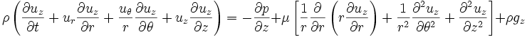 
\rho \left(\frac{\partial u_z}{\partial t} + u_r \frac{\partial u_z}{\partial r} + \frac{u_{\theta}}{r} \frac{\partial u_z}{\partial \theta} + u_z \frac{\partial u_z}{\partial z}\right) = 
-\frac{\partial p}{\partial z} + \mu \left[\frac{1}{r}\frac{\partial}{\partial r}\left(r \frac{\partial u_z}{\partial r}\right) + \frac{1}{r^2}\frac{\partial^2 u_z}{\partial \theta^2} + \frac{\partial^2 u_z}{\partial z^2}\right] + \rho g_z