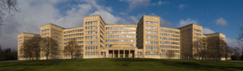 Panorama of the Poelzig building from the south, demonstrating how the curved shape of the building's fa�ade reduces the impact of its scale