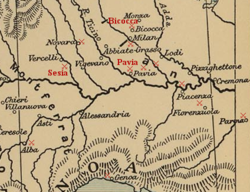 Battles in Lombardy (1521–25).  The engagements at Bicocca, the Sesia, and Pavia are labeled.