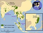 Historical distribution of tigers (pale yellow) and 2006 (green).