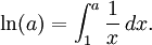 \ln(a)=\int_1^a \frac{1}{x}\,dx.