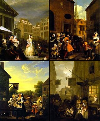 The paintings of Four Times of the Day (clockwise from top left: Morning, Noon, Night, and Evening)