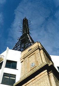 The transmission mast above the former BBC studios at Alexandra Palace, where The Quatermass Experiment was made, photographed in 2001.