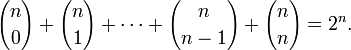  {n \choose 0} + {n \choose 1} + \cdots +{n \choose n-1} + {n \choose n} = 2^n. 