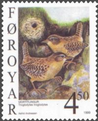 Winter Wren (Troglodytes troglodytes)Stamp FR 345 of Postverk F�roya, Faroe IslandsIssued: 22 February 1999Artist: Astrid Andreasen