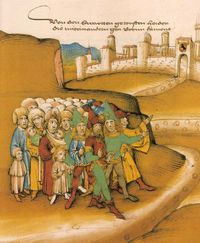 First arrival of the Roma outside Berne in the 15th century, described by the chronicler as getoufte heiden ("baptized heathens") and drawn with dark skin and wearing Saracen-style clothing and weapons (Spiezer Schilling, p. 749).