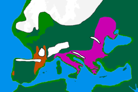 Europe about 20,000 years ago, showing coastline, extent of Ice caps and regions where refugia are thought to have been situated. Coloured areas are the furthest extent of known human activity between 15 kya and 20 kya. �����Solutrean and Proto Solutrean Cultures �����Epi Gravettian Culture