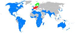 A world map showing the Provinces of the Anglican Communion (Blue). Also shown are the Churches in full communion with the Anglican Church: The Nordic Lutheran churches of the Porvoo Communion (Green), and the Old Catholic Churches in the Utrecht Union (Red).